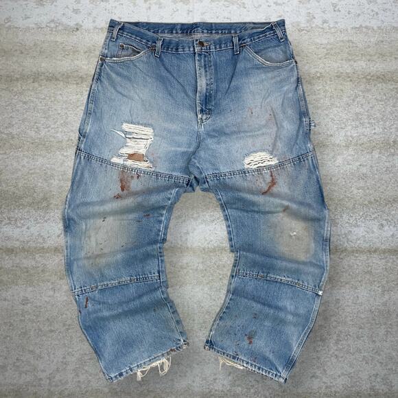 Vintage Dickies Carpenter Jeans Double Knees Baggy Wide Leg Light Wash Denim 90s - Picture 2 of 12